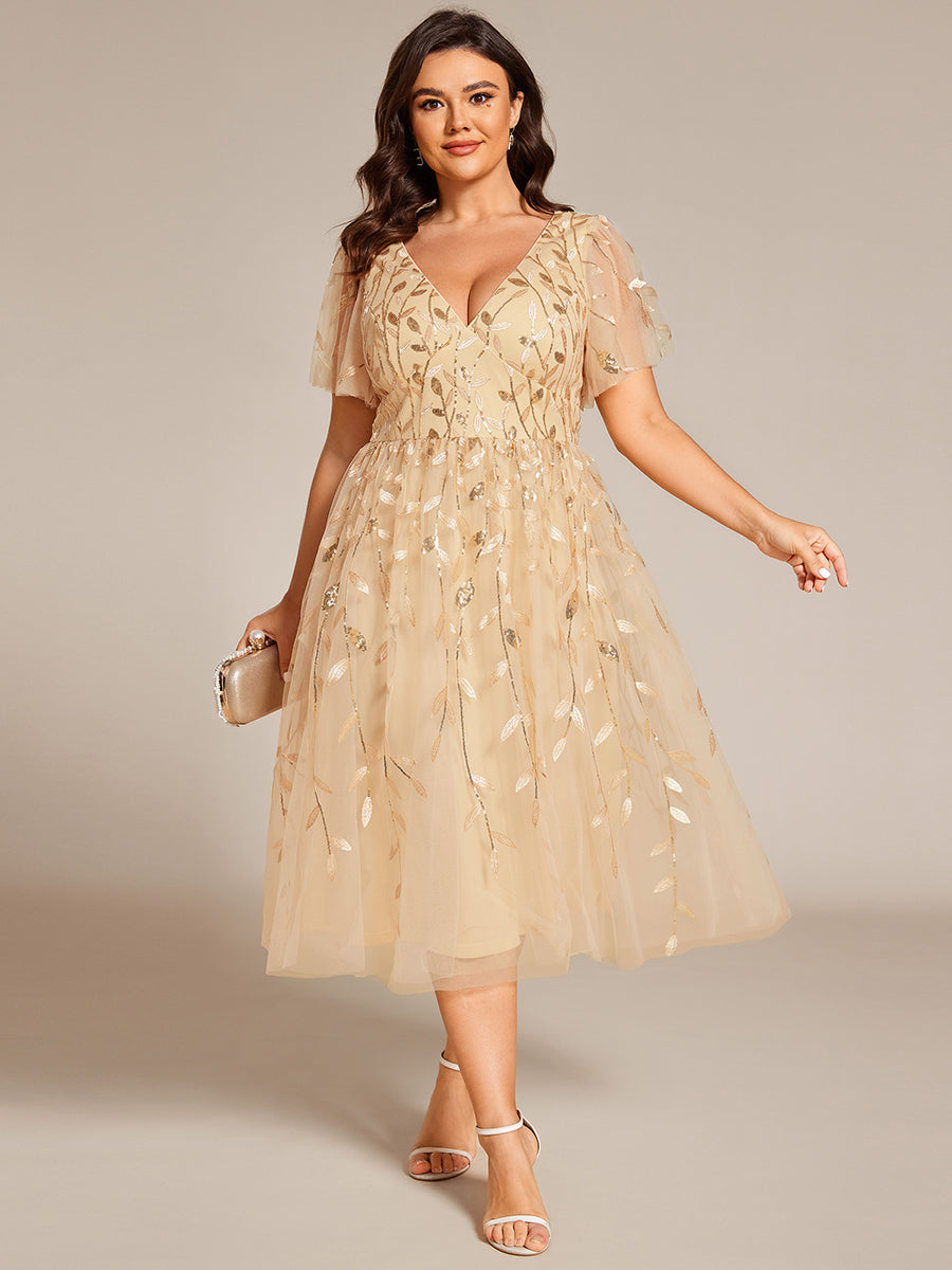 Robe d'invité de mariage formelle en tulle mi-longue scintillante de grande taille avec paillettes de feuilles #Couleur_Or