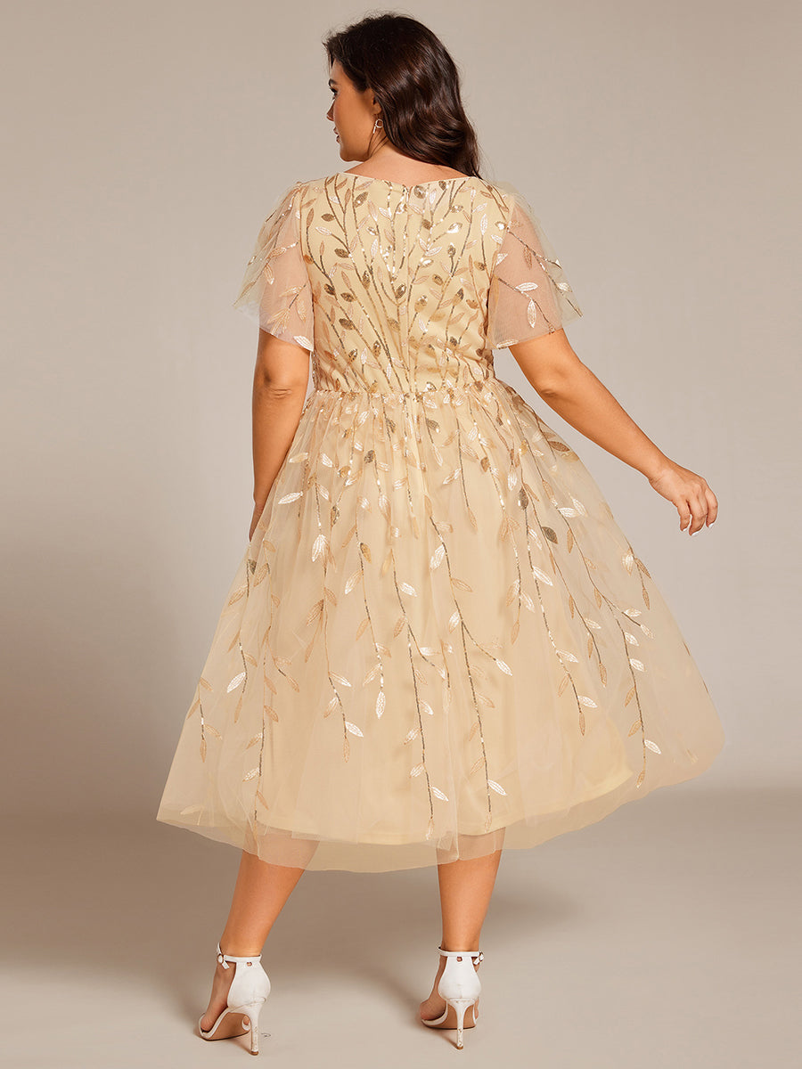 Robe d'invité de mariage formelle en tulle mi-longue scintillante de grande taille avec paillettes de feuilles #Couleur_Or