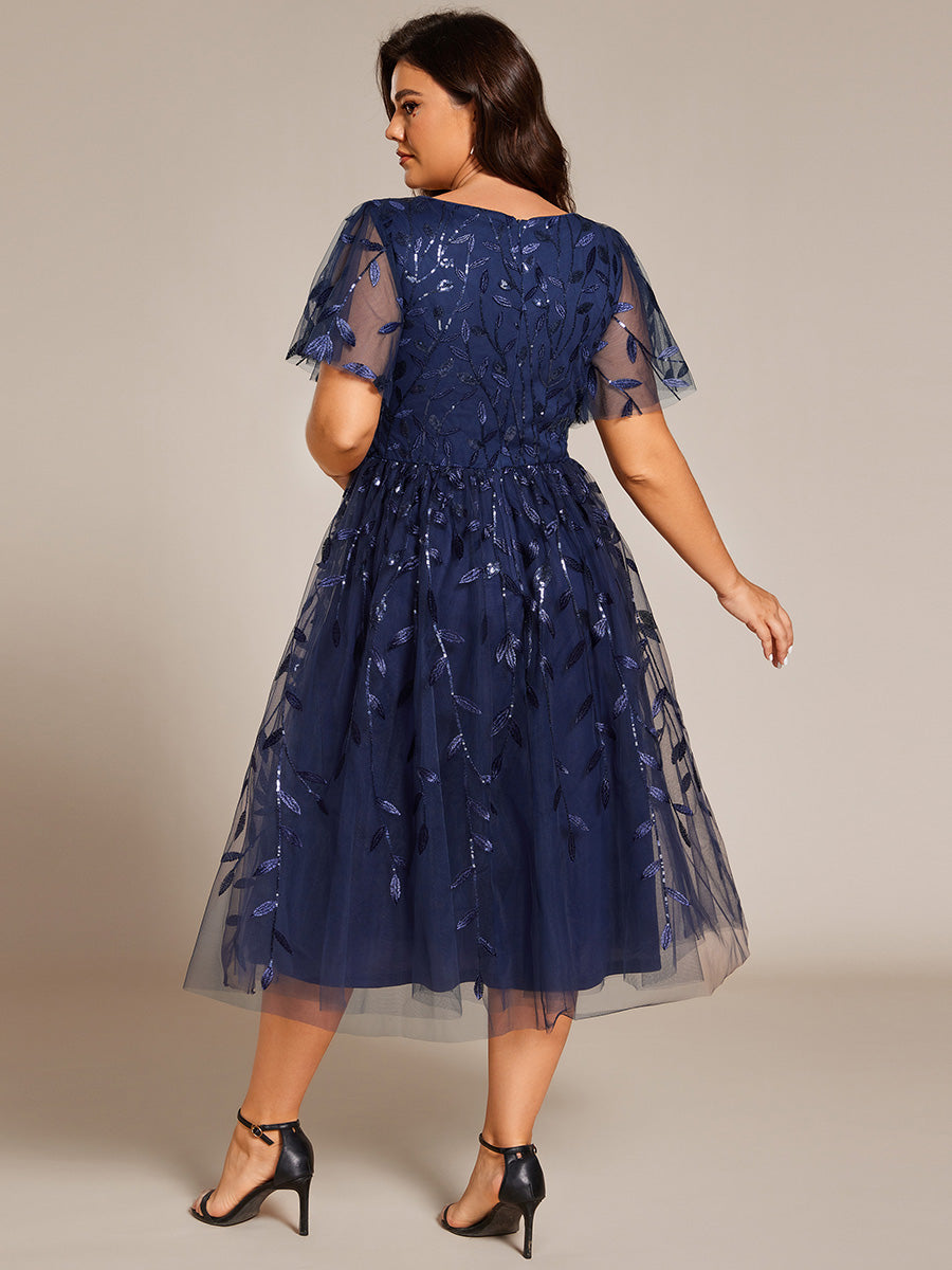 Robe d'invité de mariage formelle en tulle mi-longue scintillante de grande taille avec paillettes de feuilles #Couleur_Bleu Marine