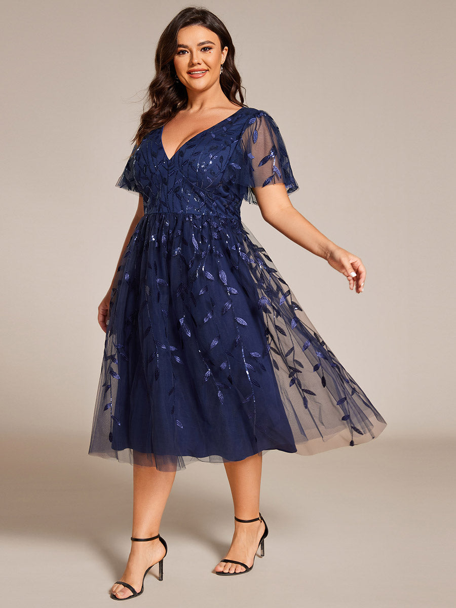 Robe d'invité de mariage formelle en tulle mi-longue scintillante de grande taille avec paillettes de feuilles #Couleur_Bleu Marine