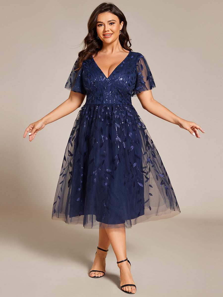 Robe d'invité de mariage formelle en tulle mi-longue scintillante de grande taille avec paillettes de feuilles #Couleur_Bleu Marine