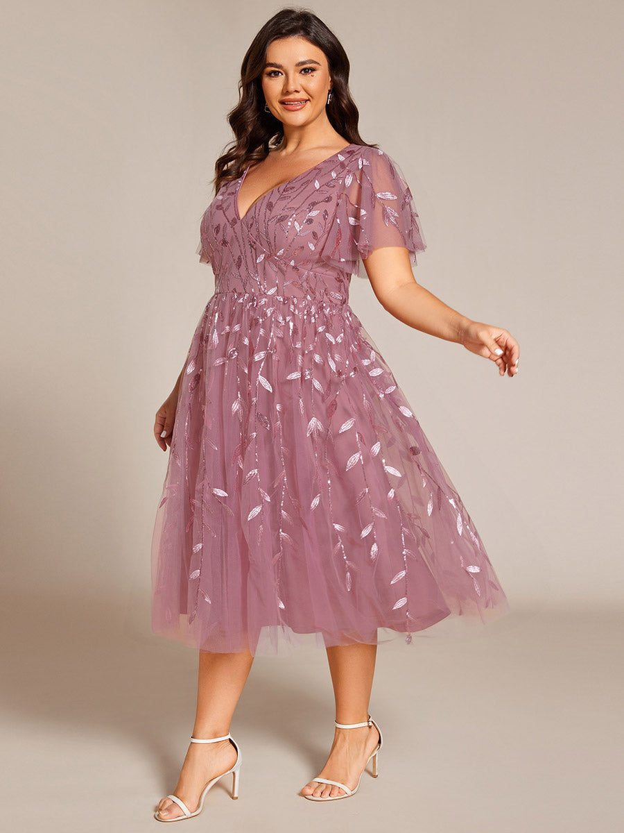 Robe d'invité de mariage formelle en tulle mi-longue scintillante de grande taille avec paillettes de feuilles #Couleur_Orchidee