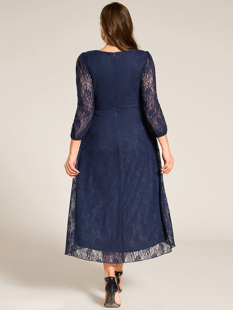 Robe d'invité de mariage à manches longues et col en V en dentelle de grande taille-eg02239 #Couleur_Bleu Marine