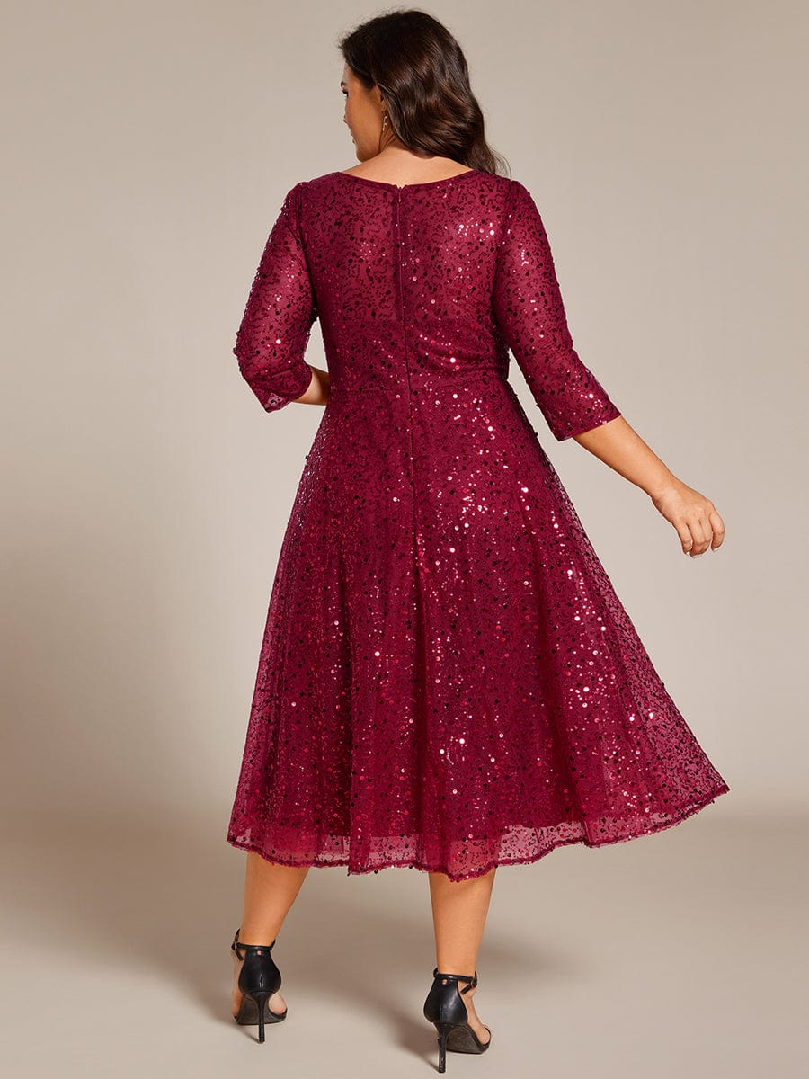 Robe d'invitée de mariage à manches 3/10 et col rond en sequins #Couleur_Bordeaux