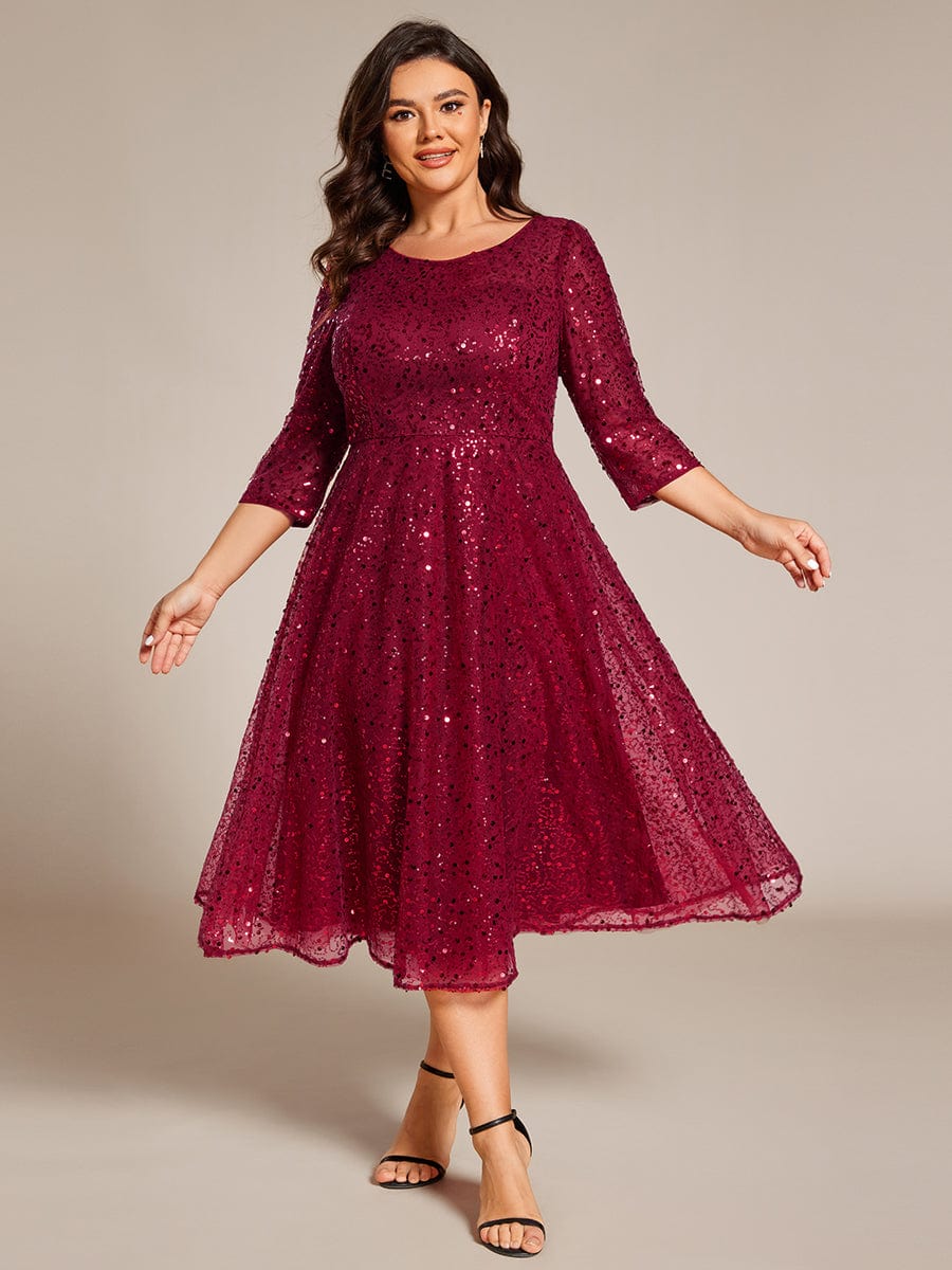 Robe d'invitée de mariage à manches 3/9 et col rond en sequins #Couleur_Bordeaux