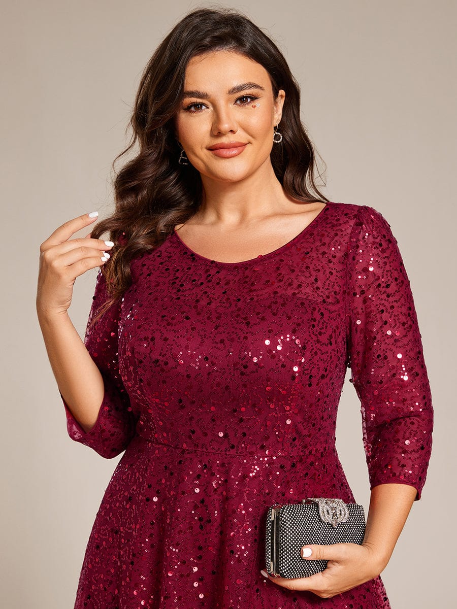 Robe d'invitée de mariage à manches 3/11 et col rond en sequins #Couleur_Bordeaux