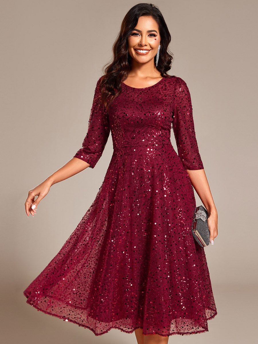 Robe d'invitée de mariage à manches 3/8 et col rond en sequins #Couleur_Bordeaux