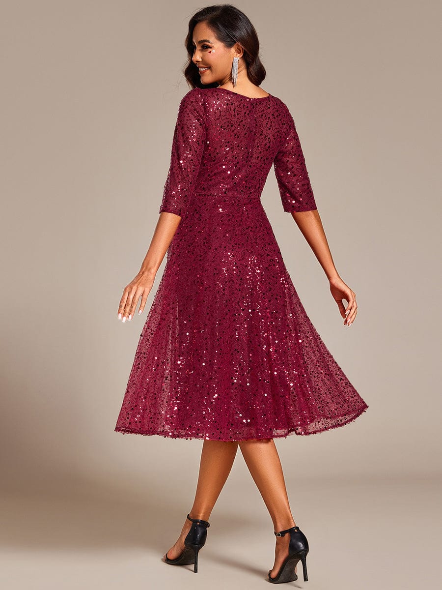 Robe d'invitée de mariage à manches 3/5 et col rond en sequins #Couleur_Bordeaux