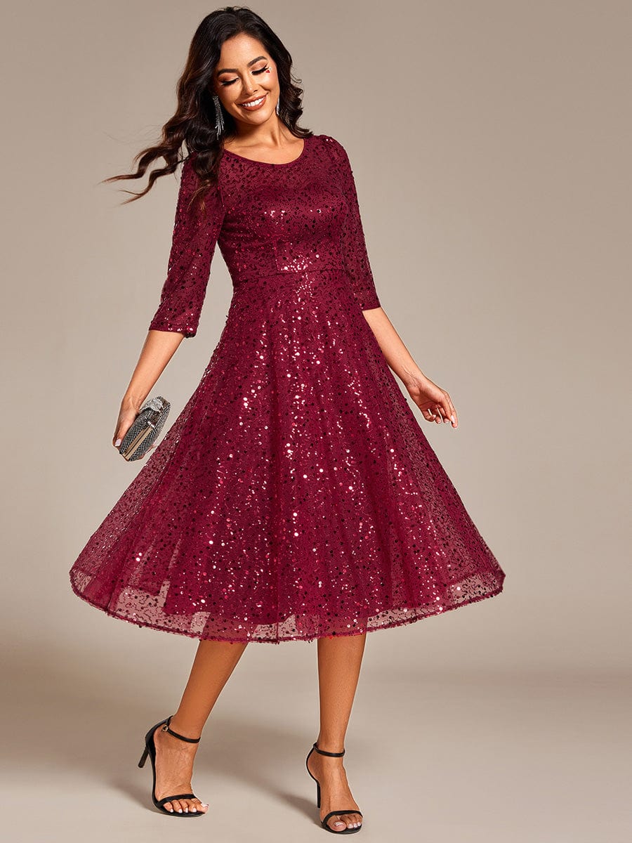 Robe d'invitée de mariage à manches 3/7 et col rond en sequins #Couleur_Bordeaux