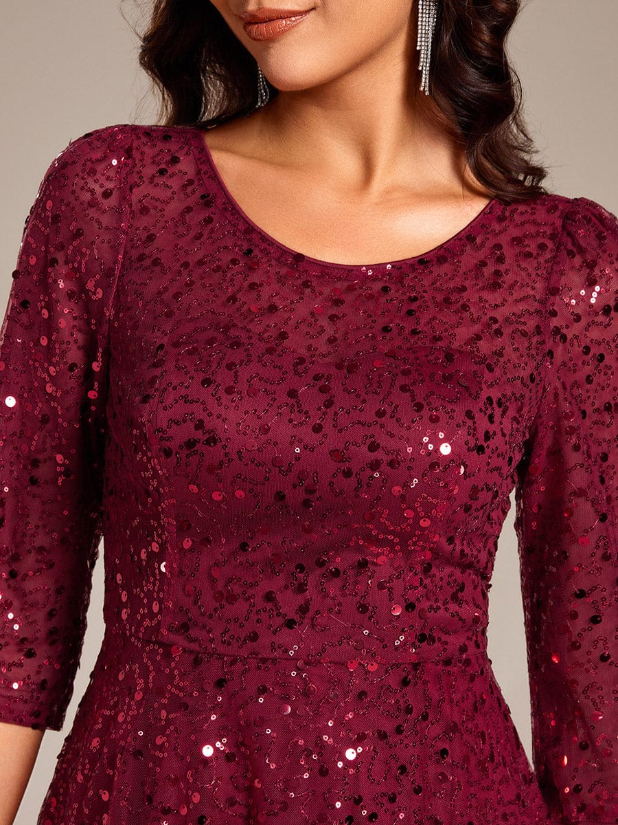 Robe d'invitée de mariage à manches 3/6 et col rond en sequins #Couleur_Bordeaux