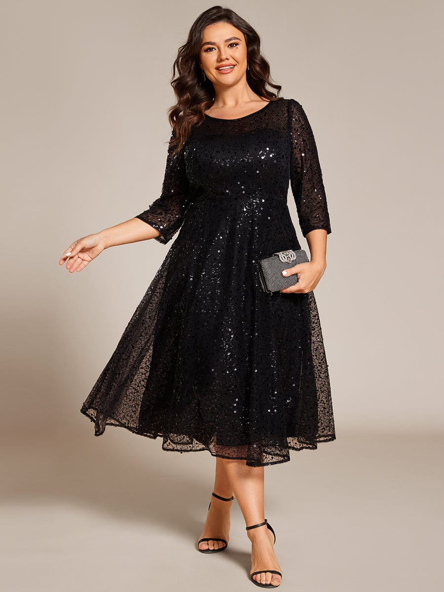 Robe d'invitée de mariage à manches 3/17 et col rond en sequins #Couleur_Noir