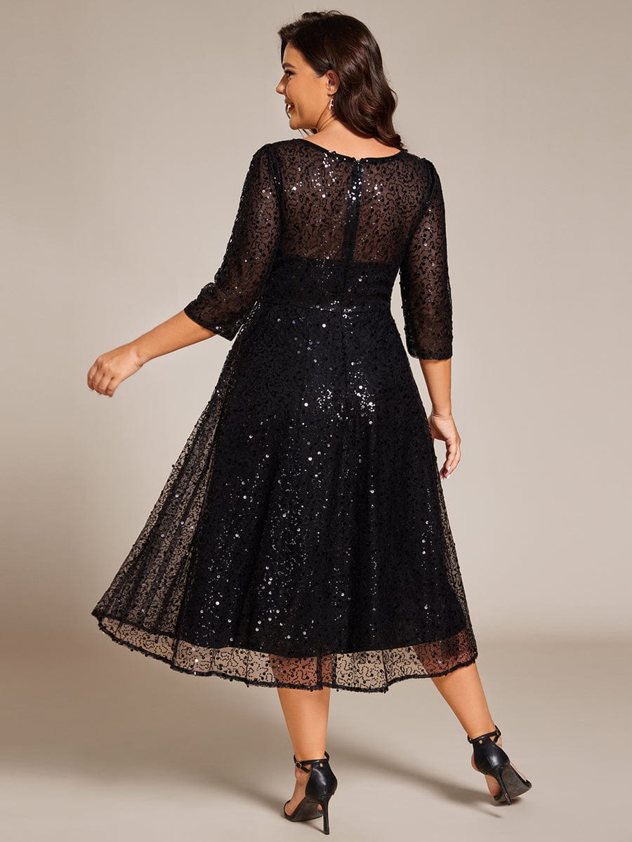 Robe d'invitée de mariage à manches 3/18 et col rond en sequins #Couleur_Noir