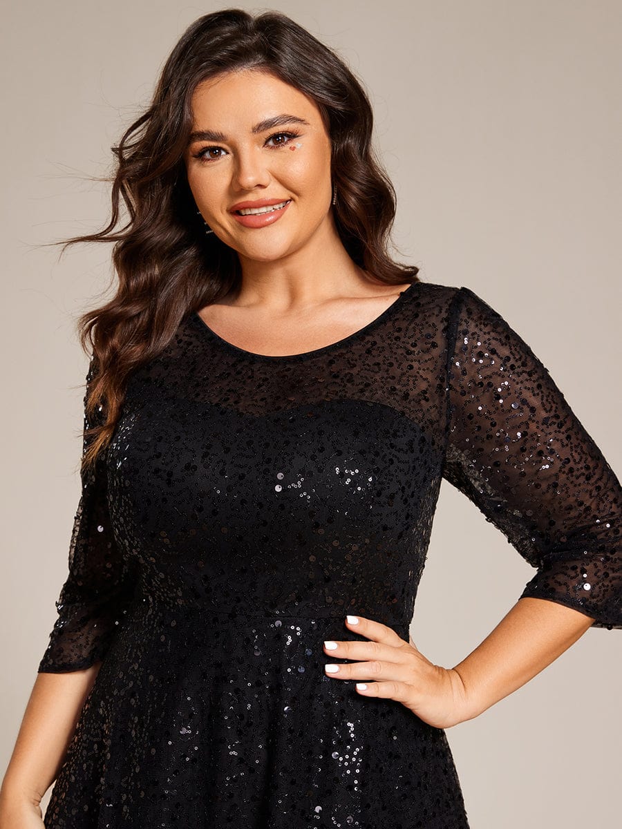 Robe d'invitée de mariage à manches 3/19 et col rond en sequins #Couleur_Noir