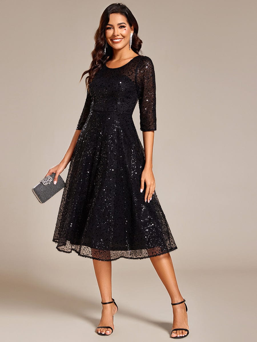 Robe d'invitée de mariage à manches 3/12 et col rond en sequins #Couleur_Noir