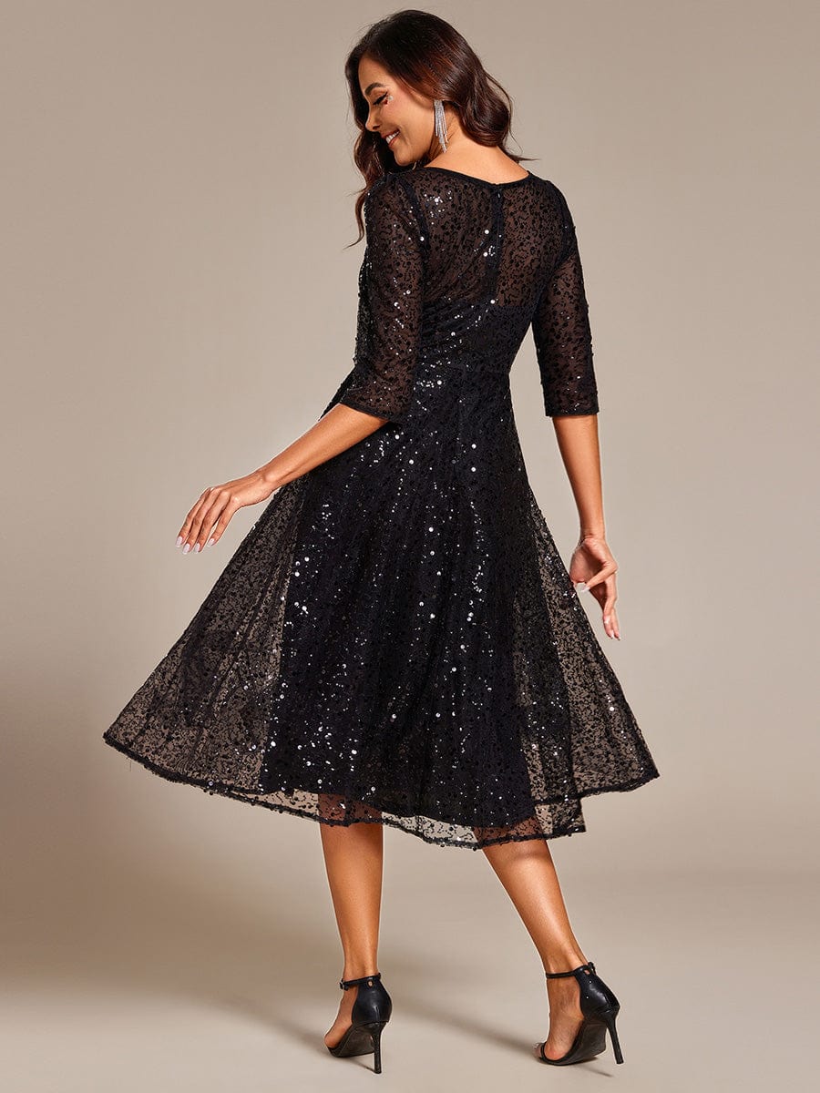 Robe d'invitée de mariage à manches 3/13 et col rond en sequins #Couleur_Noir