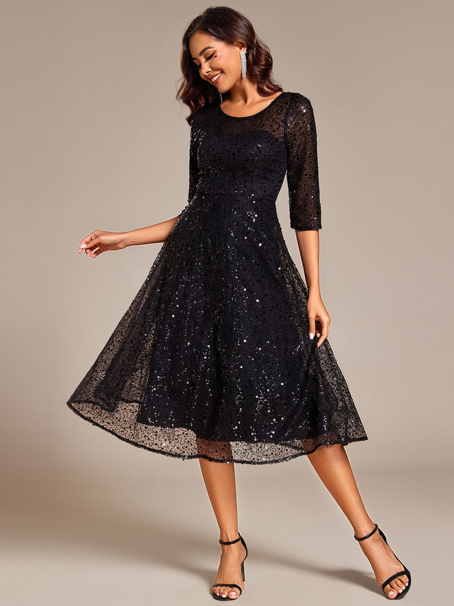 Robe d'invitée de mariage à manches 3/16 et col rond en sequins #Couleur_Noir