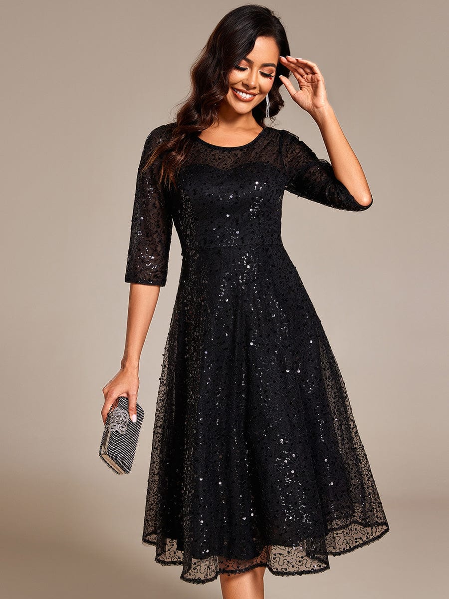 Robe d'invitée de mariage à manches 3/15 et col rond en sequins #Couleur_Noir