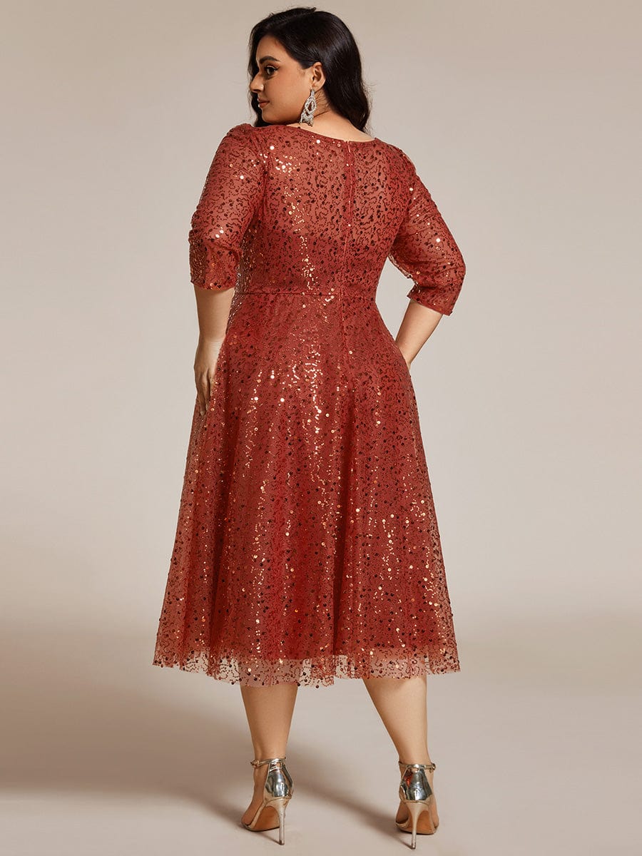 Robe d'invitée de mariage à manches 3/33 et col rond en sequins #Couleur_Orange Brûlée