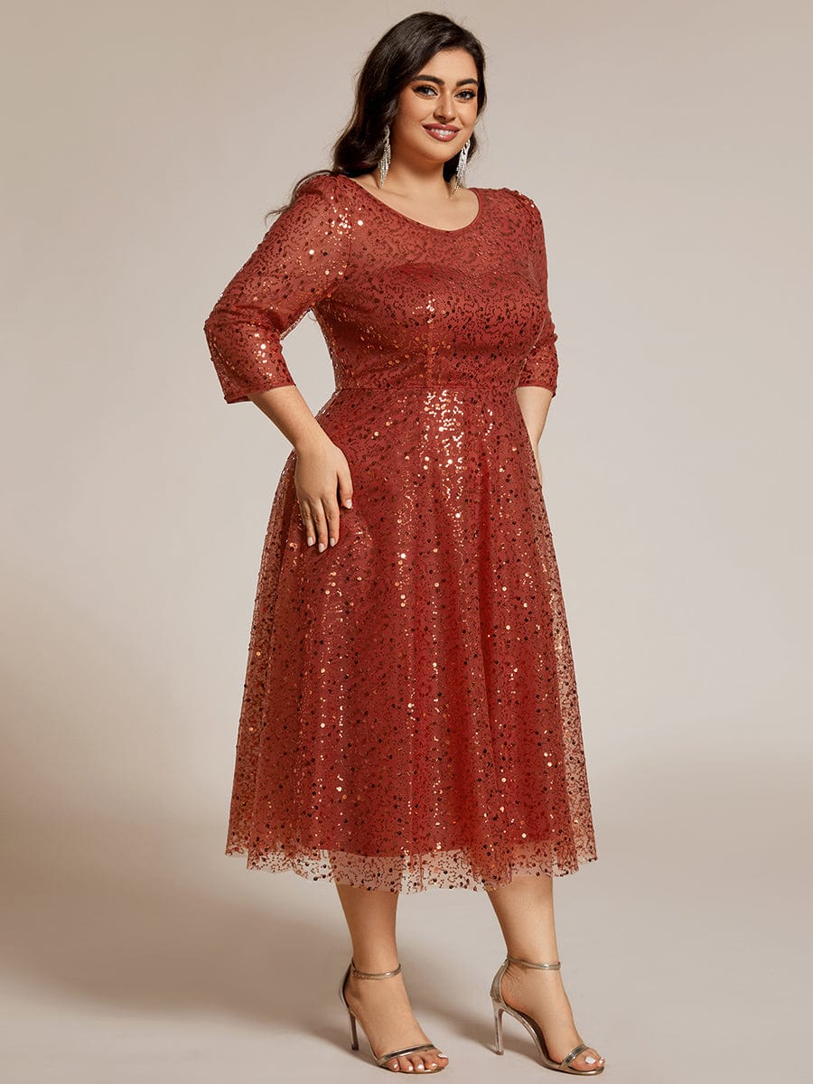 Robe d'invitée de mariage à manches 3/35 et col rond en sequins #Couleur_Orange Brûlée