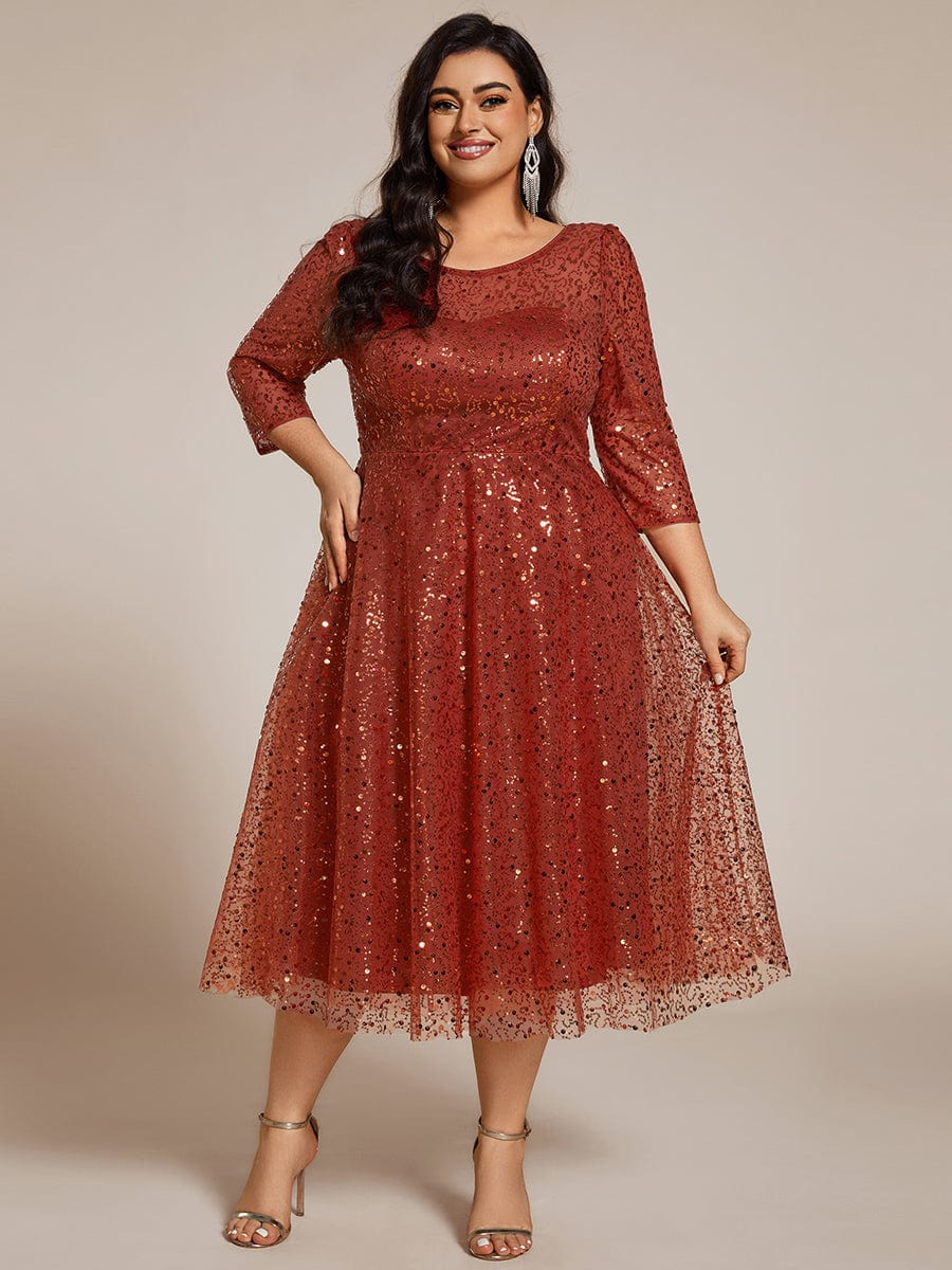 Robe d'invitée de mariage grande taille à manches 3/9 et à paillettes #Couleur_Orange Brûlée