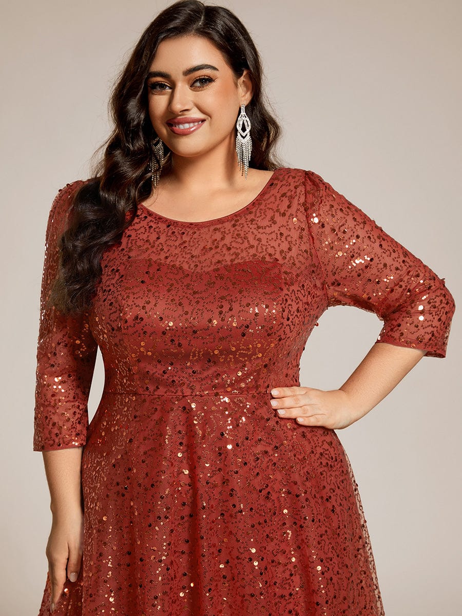 Robe d'invitée de mariage grande taille à manches 3/11 et à paillettes #Couleur_Orange Brûlée