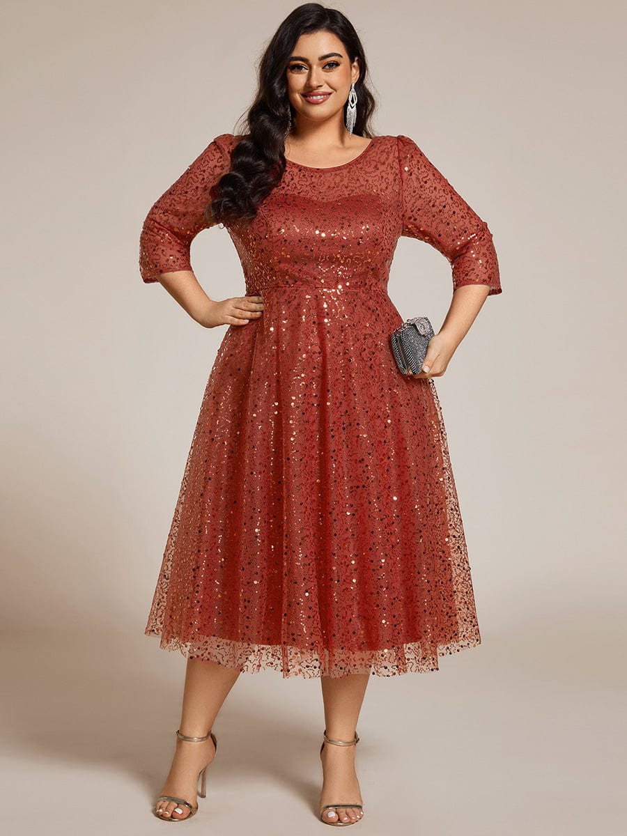 Robe d'invitée de mariage grande taille à manches 3/13 et à paillettes #Couleur_Orange Brûlée