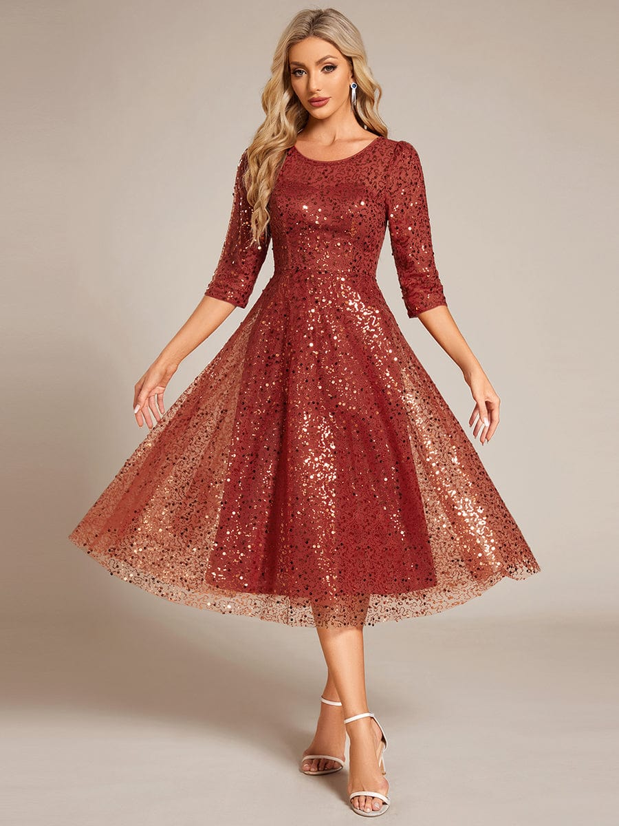 Robe d'invitée de mariage à manches 3/31 et col rond en sequins #Couleur_Orange Brûlée