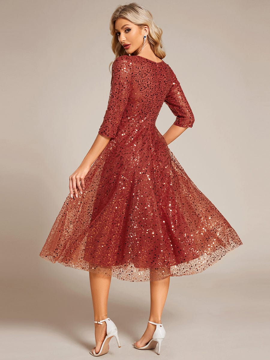 Robe d'invitée de mariage à manches 3/28 et col rond en sequins #Couleur_Orange Brûlée