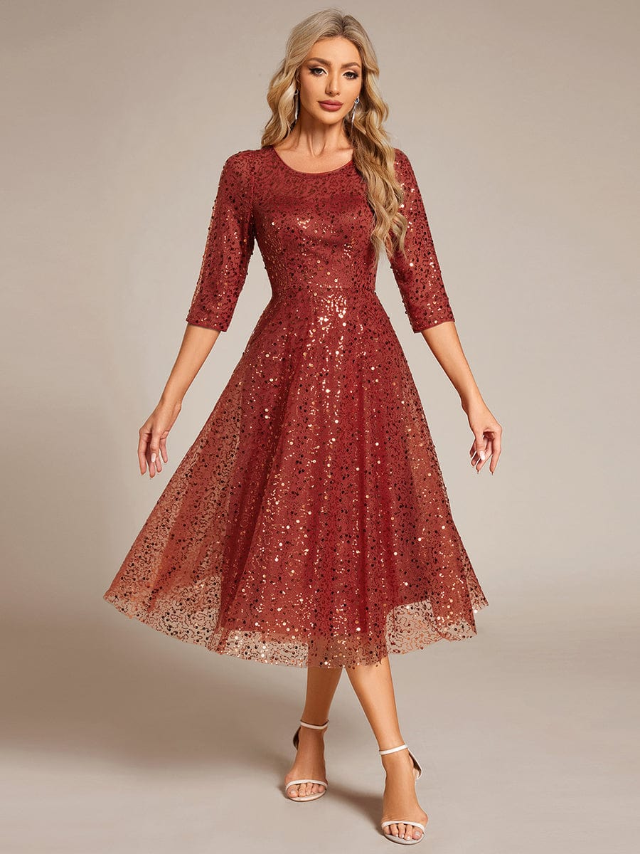 Robe d'invitée de mariage à manches 3/30 et col rond en sequins #Couleur_Orange Brûlée