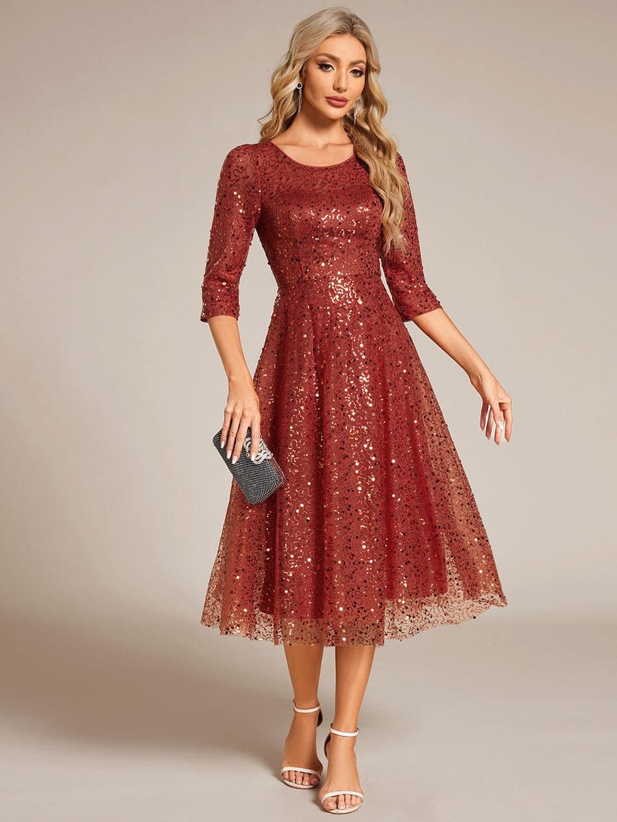 Robe d'invitée de mariage à manches 3/27 et col rond en sequins #Couleur_Orange Brûlée