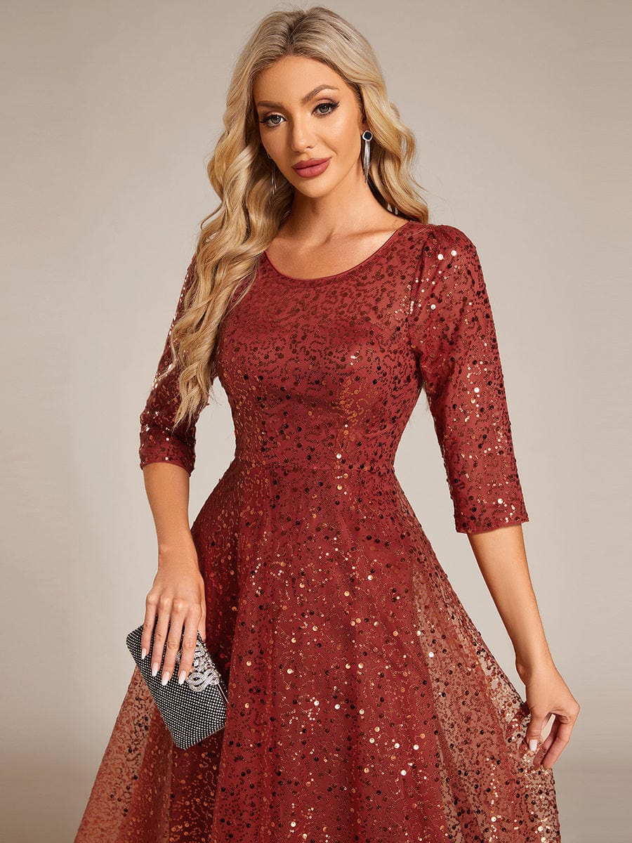 Robe d'invitée de mariage à manches 3/29 et col rond en sequins #Couleur_Orange Brûlée