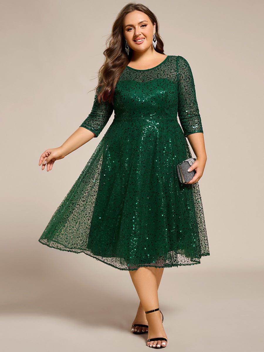 Robe d'invitée de mariage à manches 3/42 et col rond en sequins #Couleur_Vert Fonce