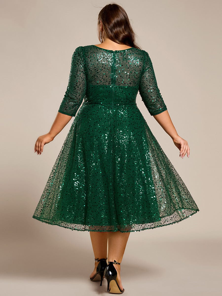 Robe d'invitée de mariage à manches 3/43 et col rond en sequins #Couleur_Vert Fonce