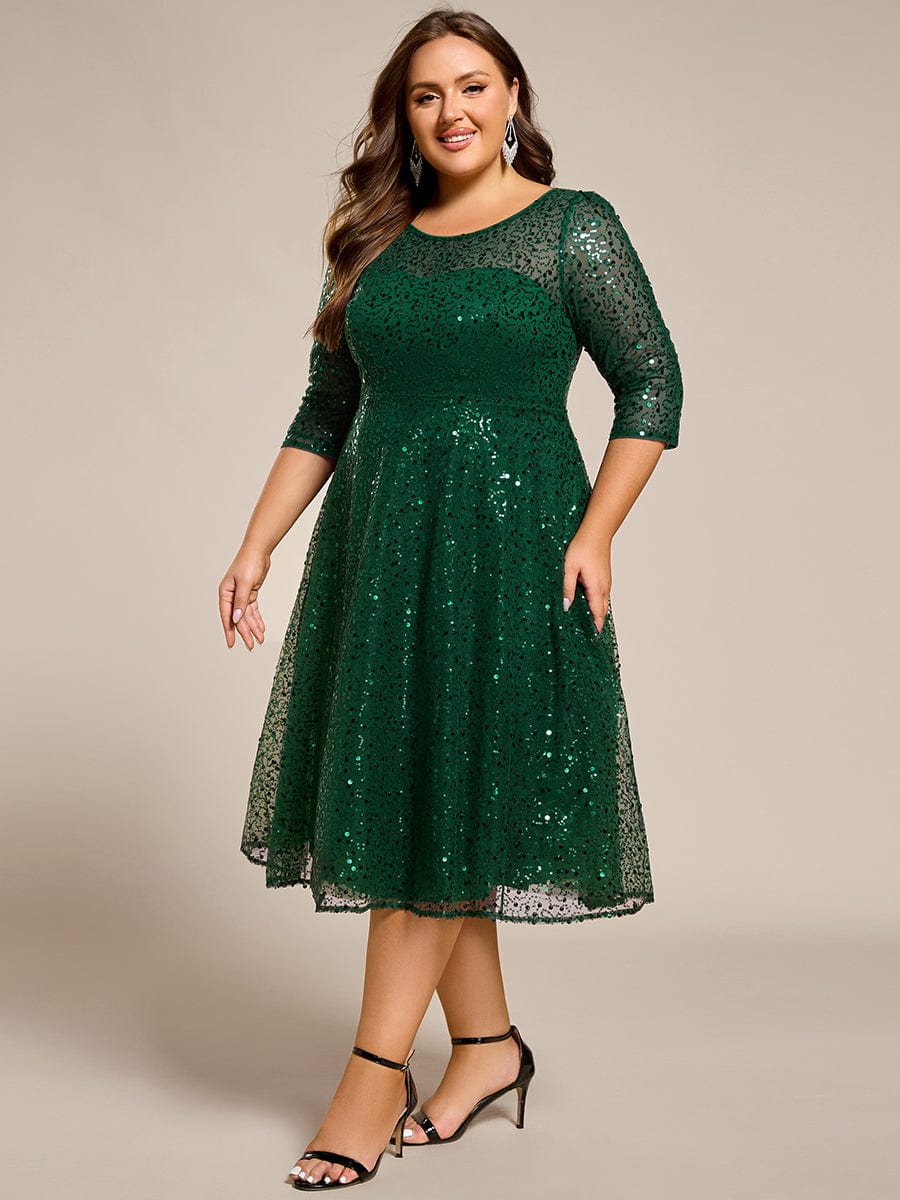 Robe d'invitée de mariage à manches 3/45 et col rond en sequins #Couleur_Vert Fonce