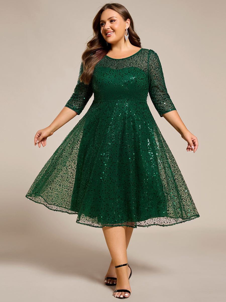 Robe d'invitée de mariage à manches 3/46 et col rond en sequins #Couleur_Vert Fonce