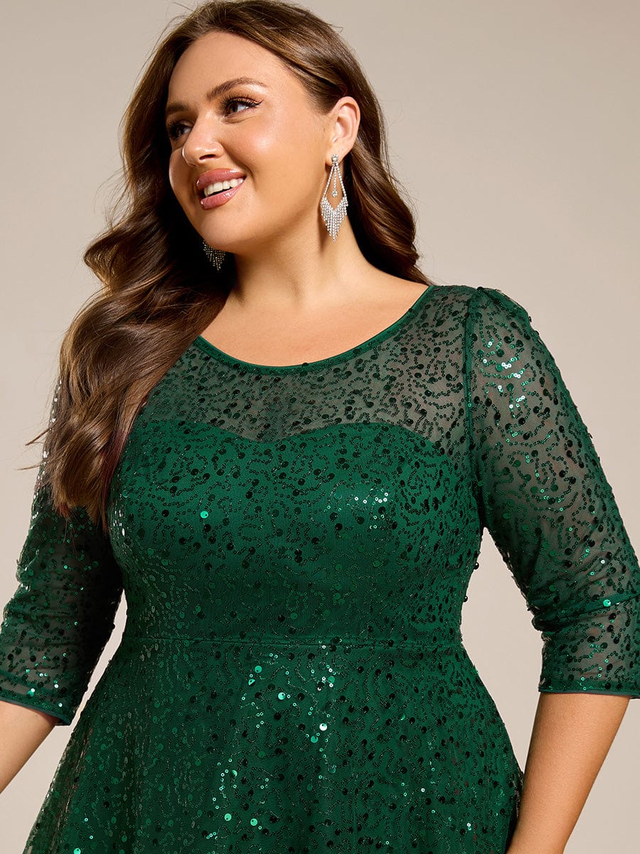 Robe d'invitée de mariage à manches 3/44 et col rond en sequins #Couleur_Vert Fonce