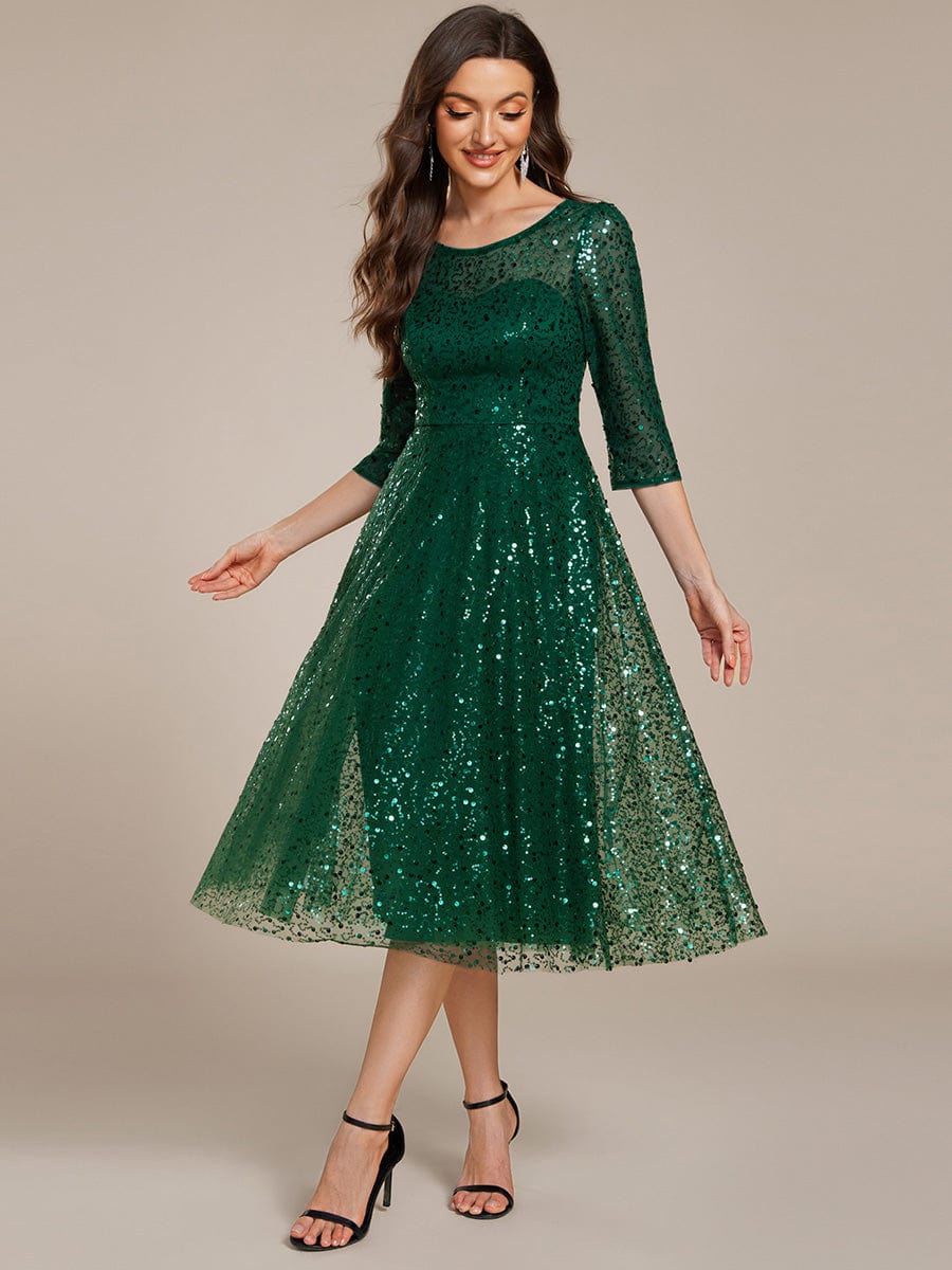 Robe d'invitée de mariage à manches 3/37 et col rond en sequins #Couleur_Vert Fonce