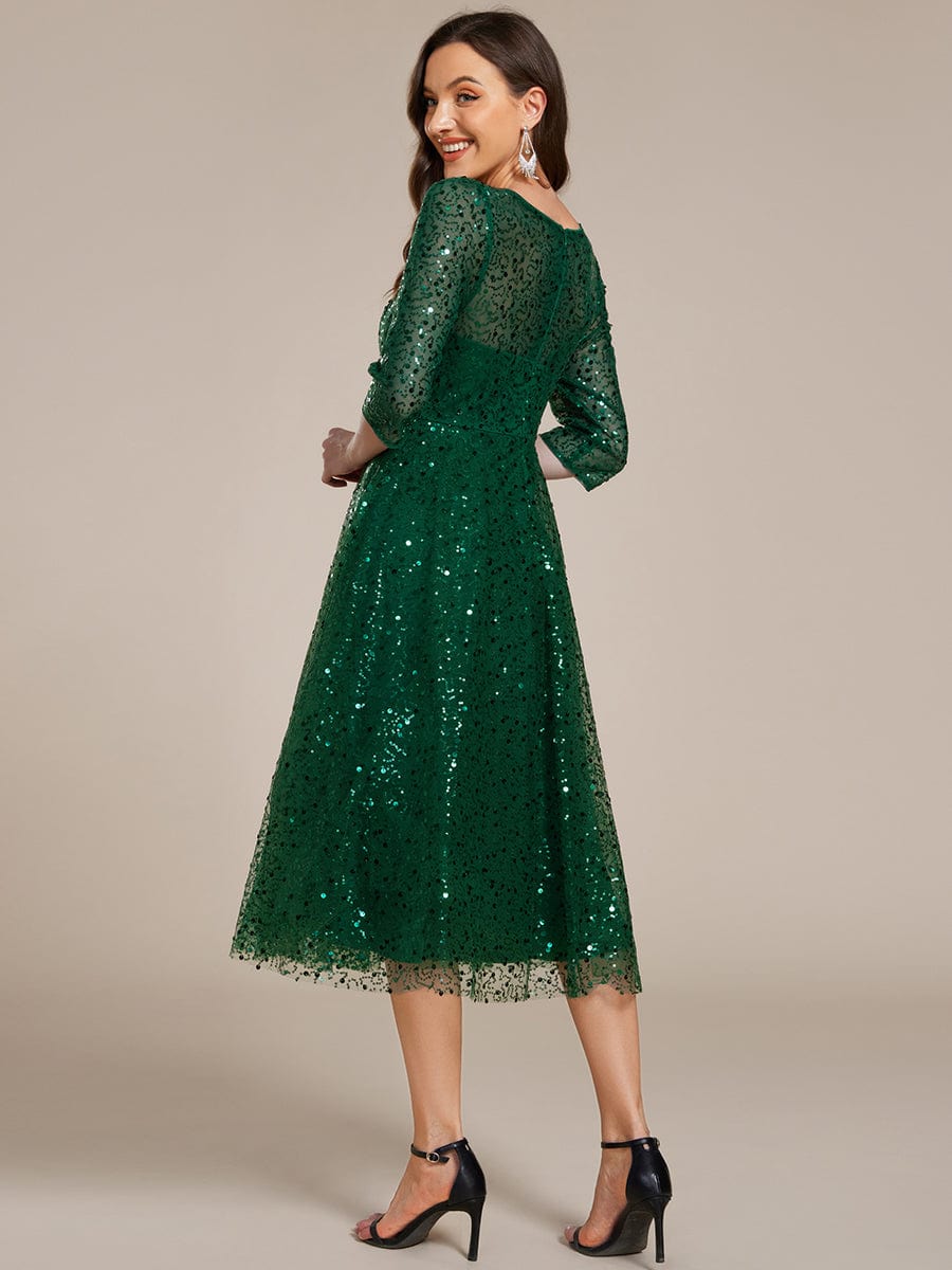 Robe d'invitée de mariage à manches 3/38 et col rond en sequins #Couleur_Vert Fonce