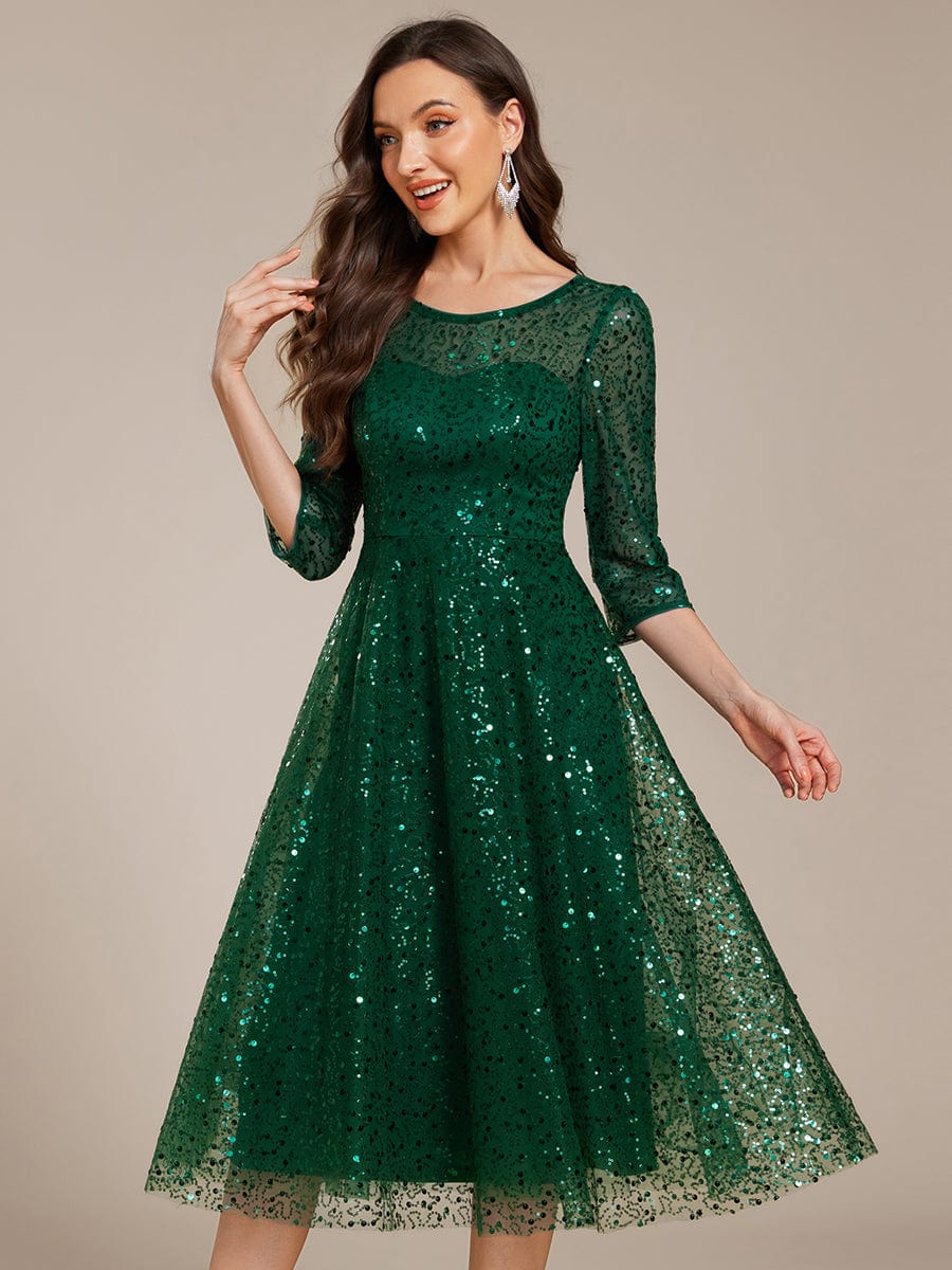 Robe d'invitée de mariage à manches 3/41 et col rond en sequins #Couleur_Vert Fonce