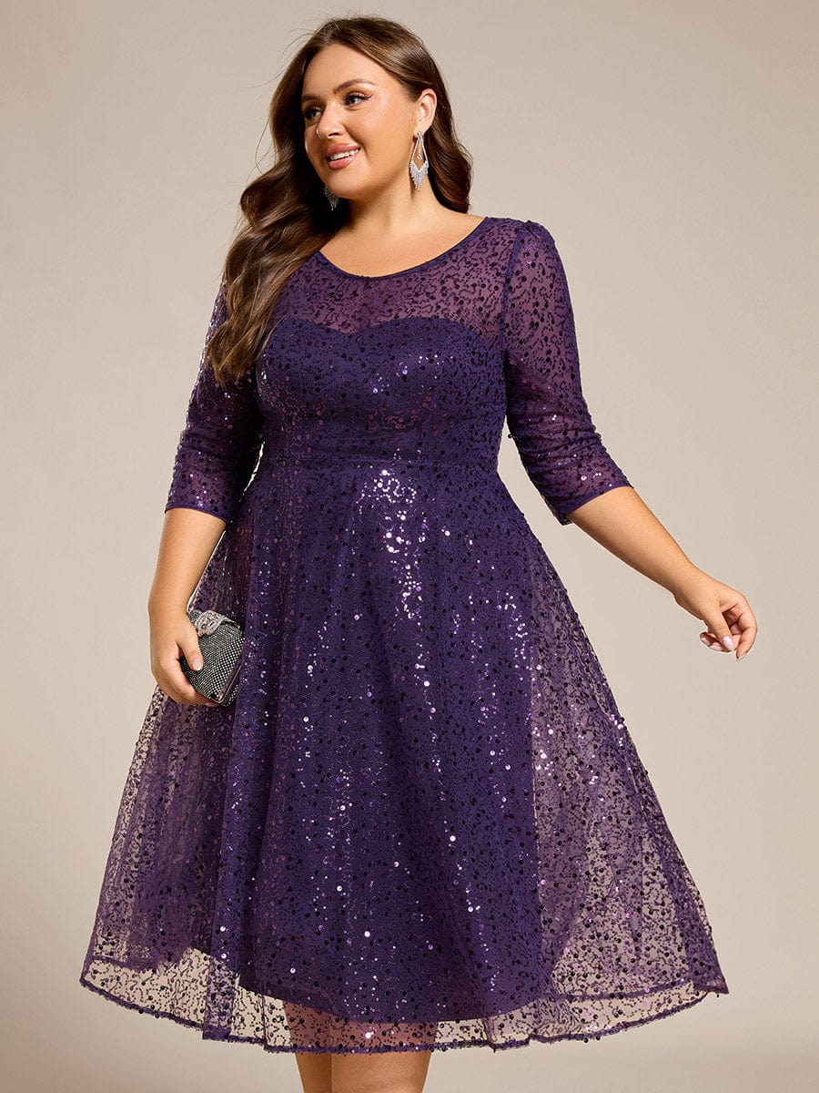 Robe d'invitée de mariage à manches 3/51 et col rond en sequins #Couleur_Violet Fonce