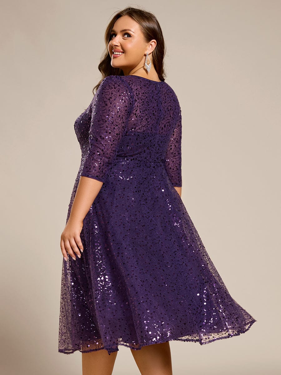 Robe d'invitée de mariage à manches 3/48 et col rond en sequins #Couleur_Violet Fonce