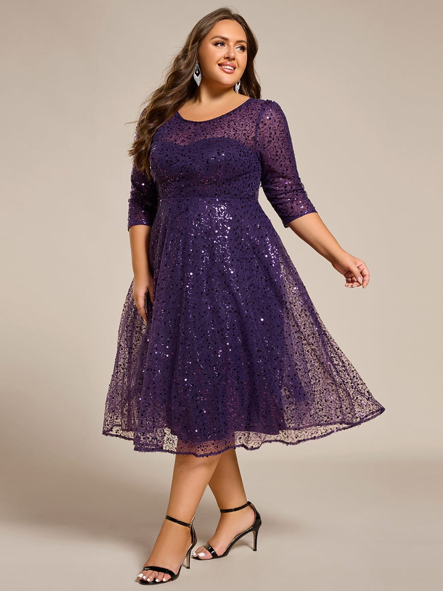 Robe d'invitée de mariage à manches 3/50 et col rond en sequins #Couleur_Violet Fonce