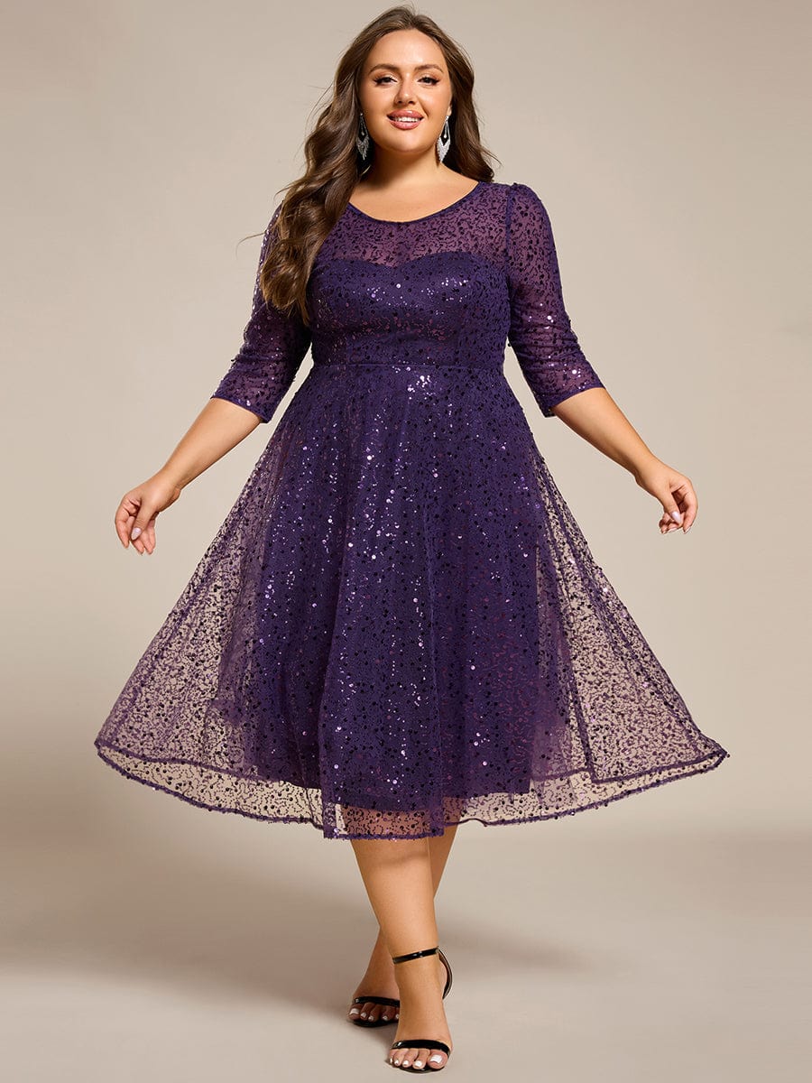 Robe d'invitée de mariage à manches 3/47 et col rond en sequins #Couleur_Violet Fonce