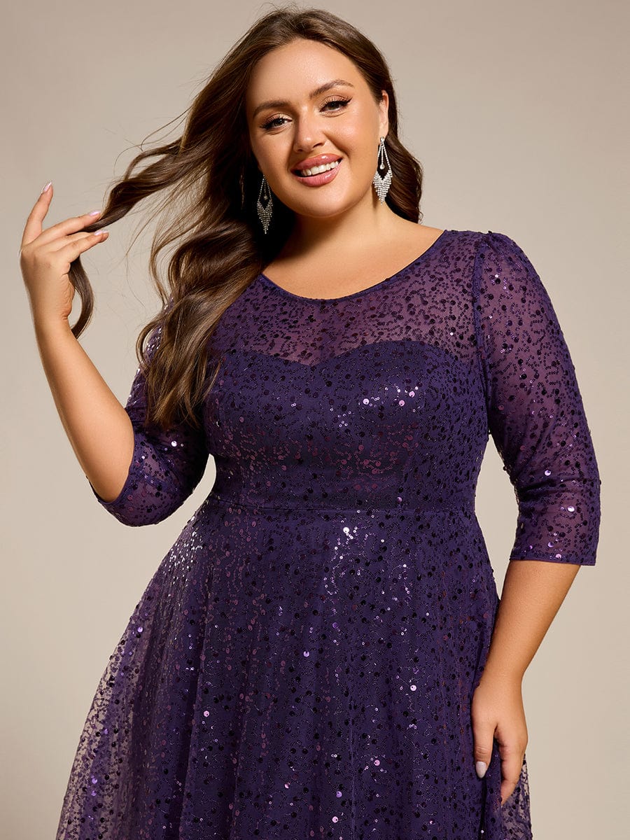 Robe d'invitée de mariage grande taille à manches 3/21 et à paillettes #Couleur_Violet Fonce