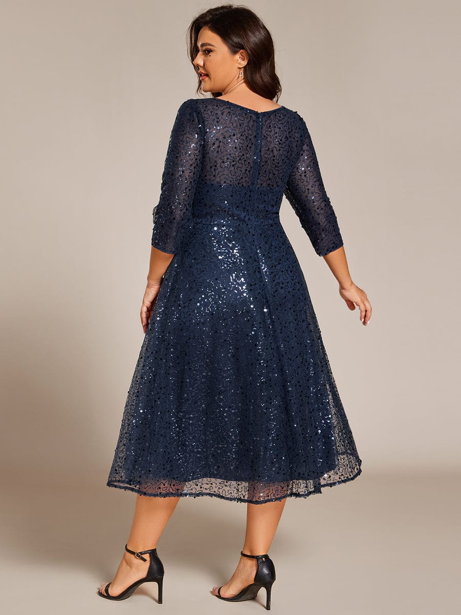 Robe d'invitée de mariage à manches 3/26 et col rond en sequins #Couleur_Bleu Marine