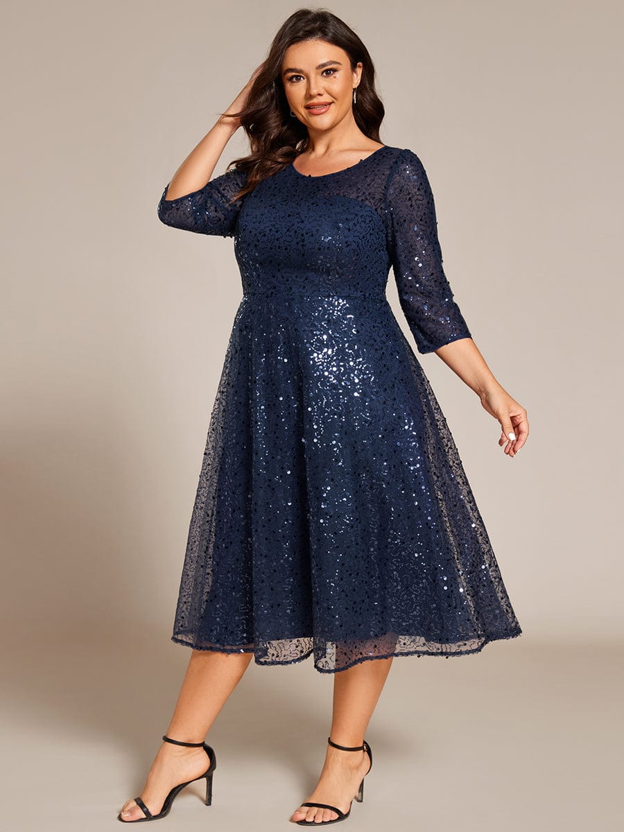 Robe d'invitée de mariage à manches 3/25 et col rond en sequins #Couleur_Bleu Marine