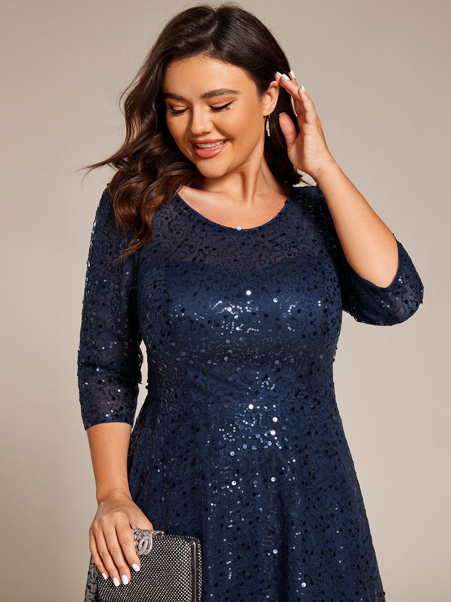 Robe d'invitée de mariage à manches 3/27 et col rond en sequins #Couleur_Bleu Marine