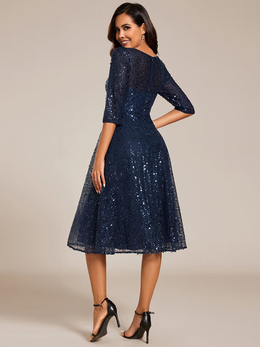 Robe d'invitée de mariage à manches 3/21 et col rond en sequins #Couleur_Bleu Marine