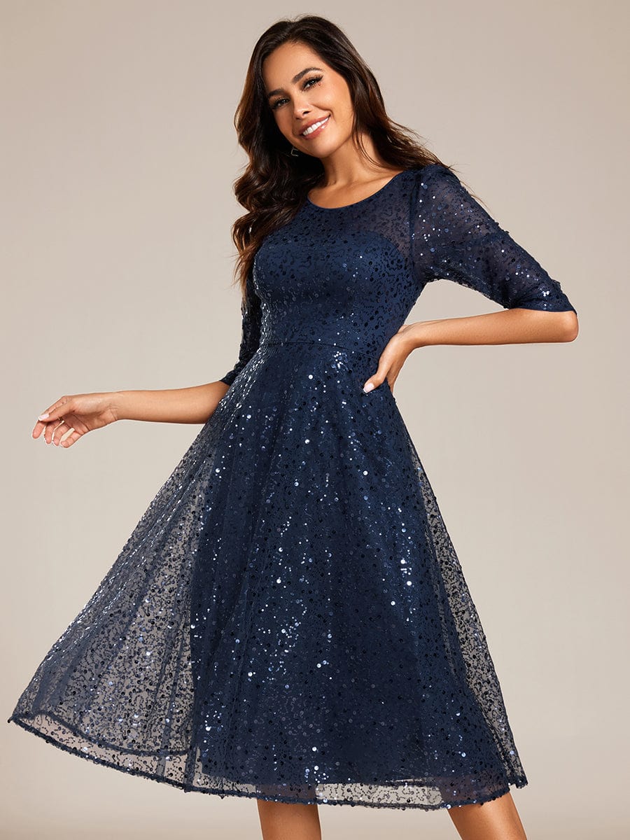 Robe d'invitée de mariage à manches 3/23 et col rond en sequins #Couleur_Bleu Marine