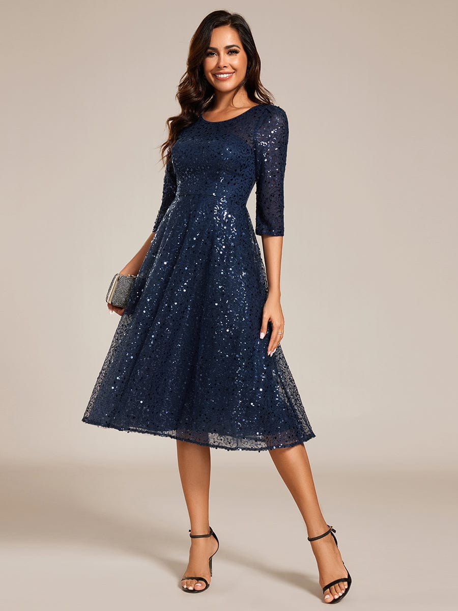 Robe d'invitée de mariage à manches 3/24 et col rond en sequins #Couleur_Bleu Marine